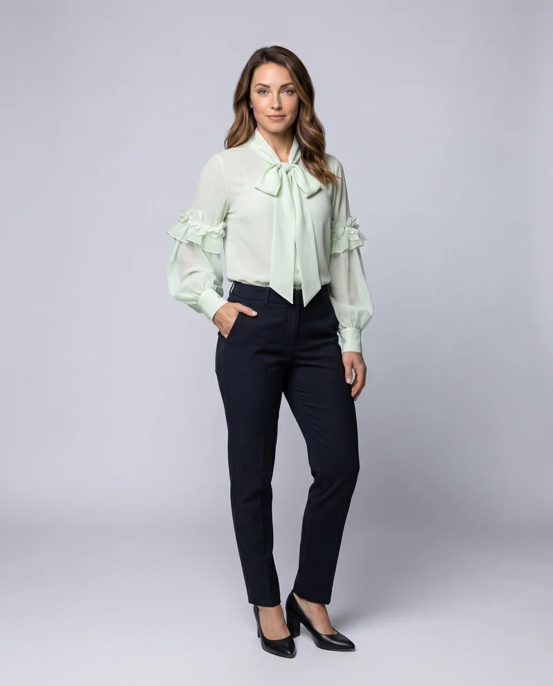 Damen Chiffonbluse Schleifenkragen Rüschenärmel Blüten-Applikation