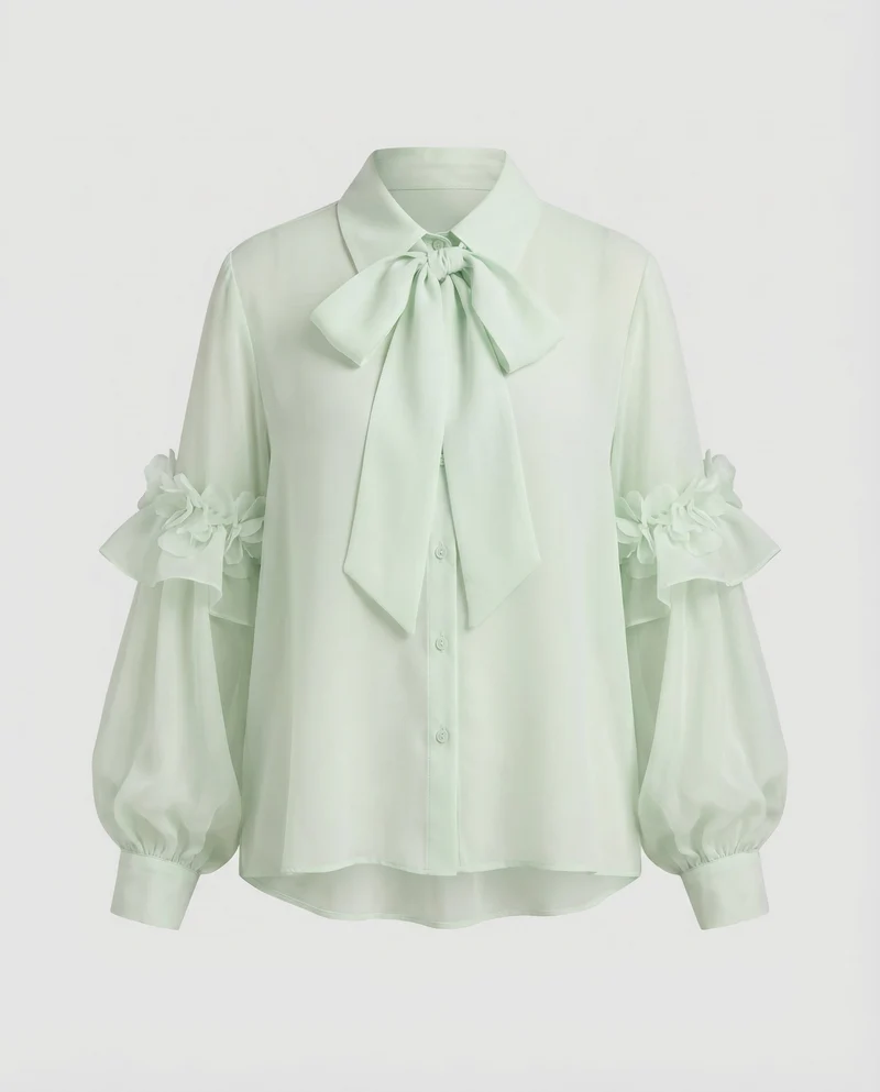 Damen Chiffonbluse Schleifenkragen Rüschenärmel Blüten-Applikation