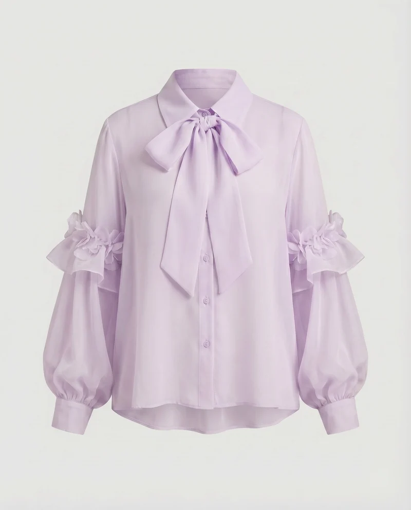 Damen Chiffonbluse Schleifenkragen Rüschenärmel Blüten-Applikation