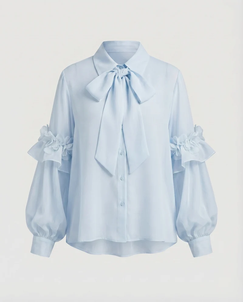 Damen Chiffonbluse Schleifenkragen Rüschenärmel Blüten-Applikation