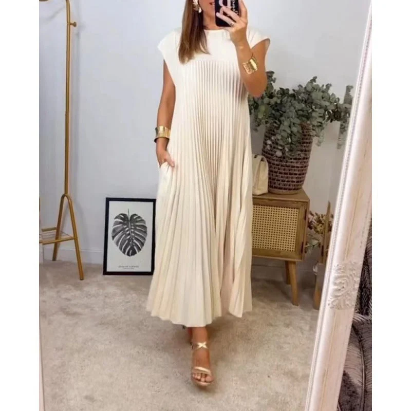 Damen Maxikleid mit plissiertem Design und seitlichen Taschen