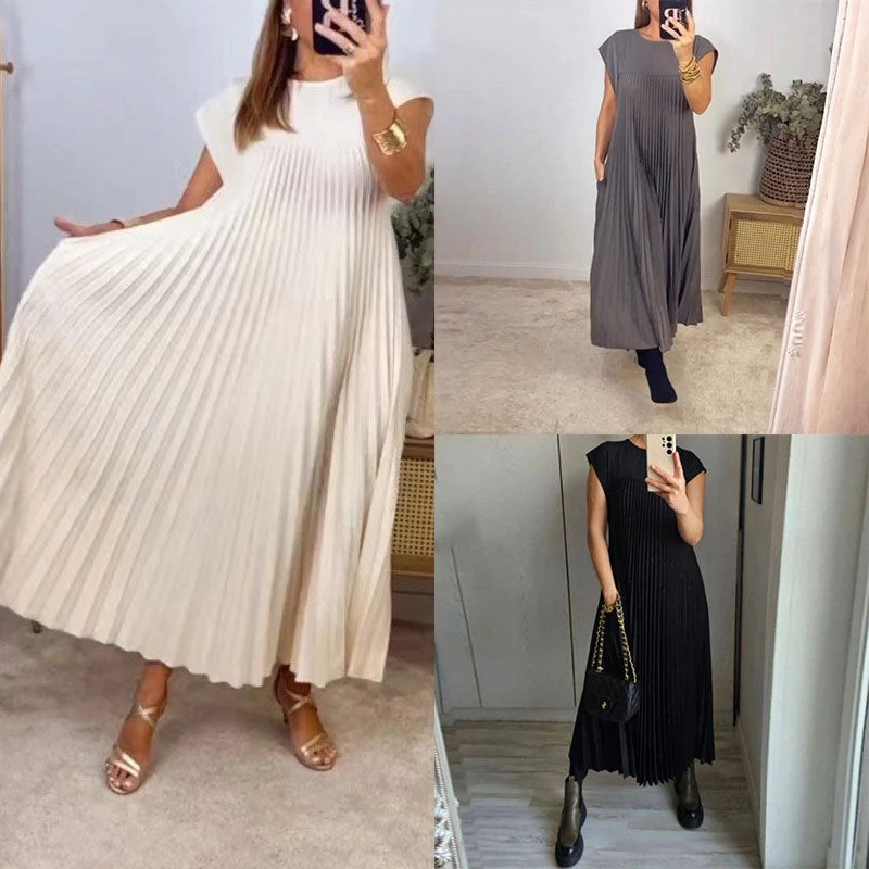 Damen Maxikleid mit plissiertem Design und seitlichen Taschen