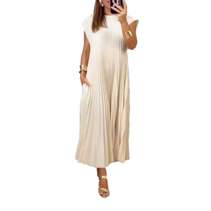 Damen Maxikleid mit plissiertem Design und seitlichen Taschen