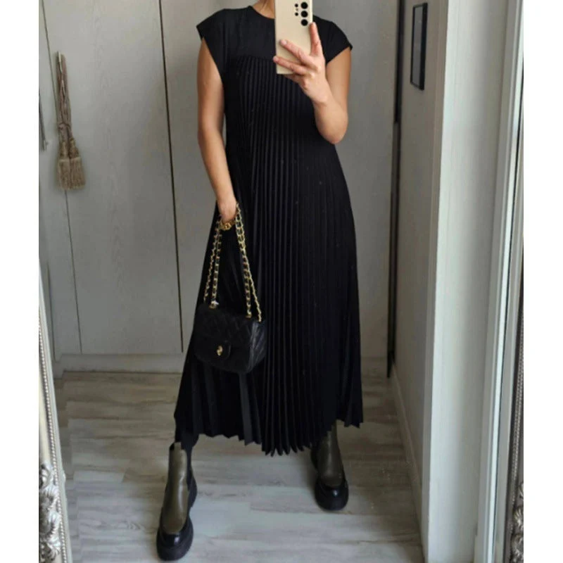 Damen Maxikleid mit plissiertem Design und seitlichen Taschen