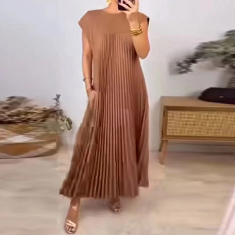 Damen Maxikleid mit plissiertem Design und seitlichen Taschen