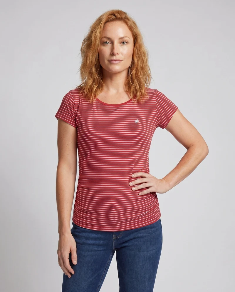 Damen lässiges Kurzarmshirt mit maritimer Streifenoptik und modischen Raffungselementen