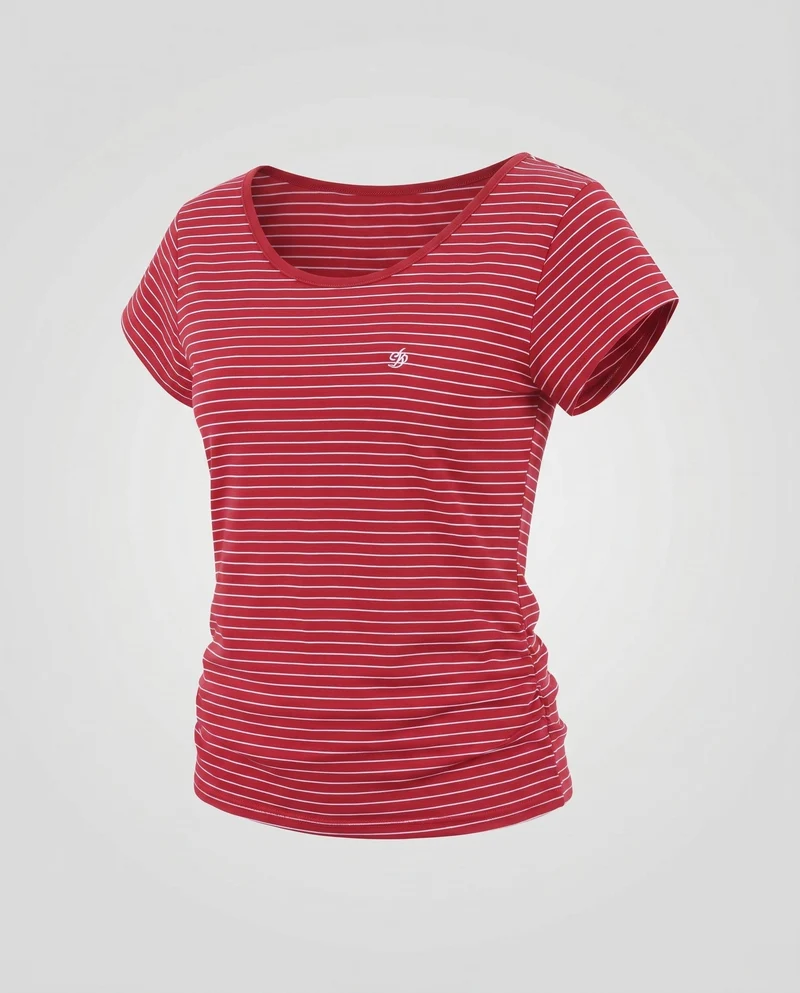 Damen lässiges Kurzarmshirt mit maritimer Streifenoptik und modischen Raffungselementen