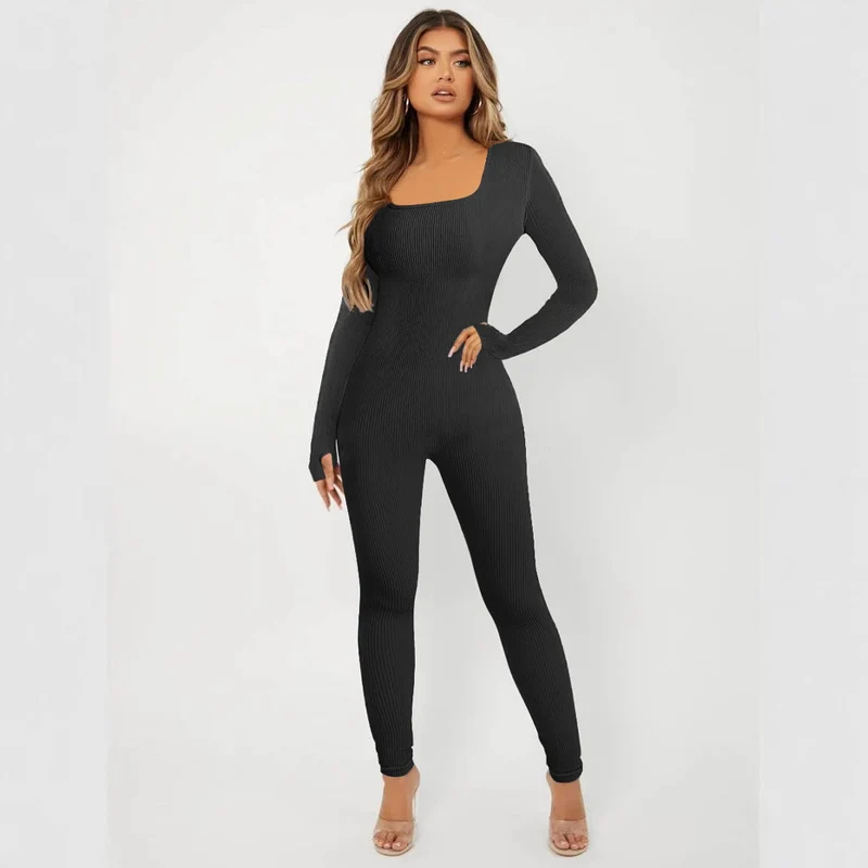 Damen Langarm Jumpsuit im eleganten Rippenmuster
