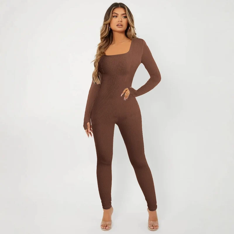 Damen Langarm Jumpsuit im eleganten Rippenmuster