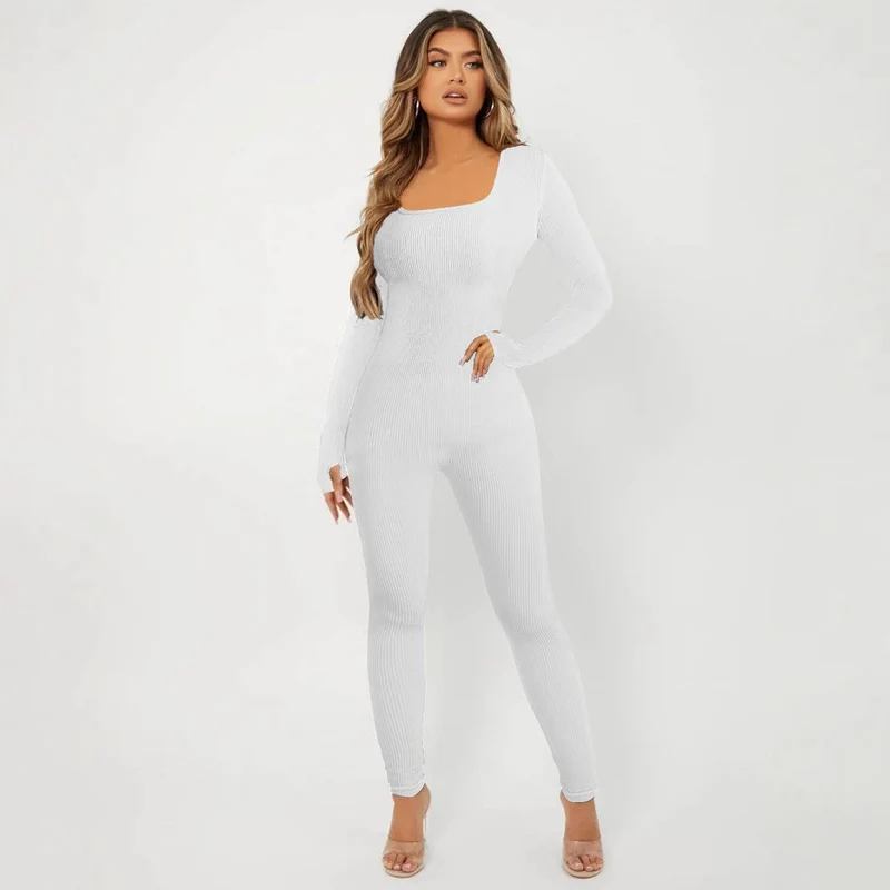 Damen Langarm Jumpsuit im eleganten Rippenmuster