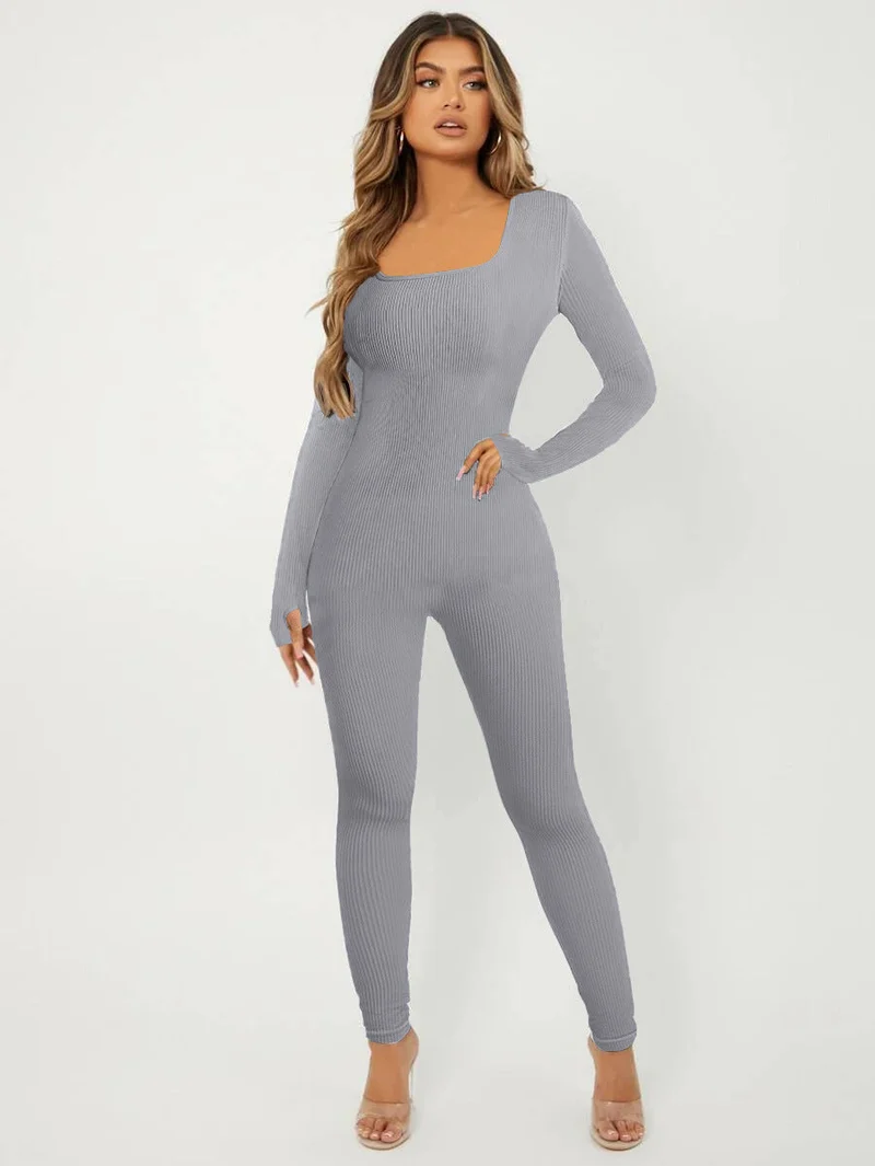 Damen Langarm Jumpsuit im eleganten Rippenmuster