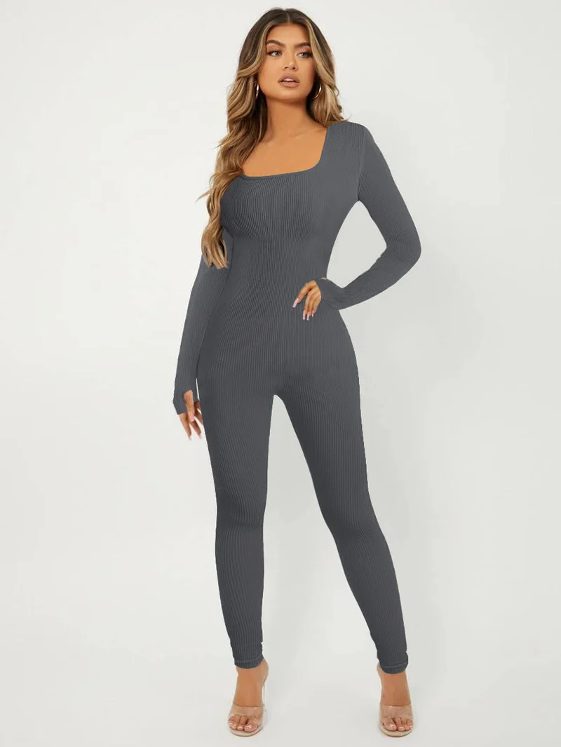 Damen Langarm Jumpsuit im eleganten Rippenmuster