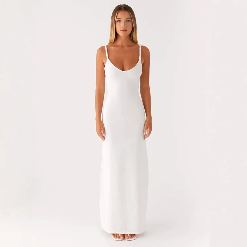 Damen Elegantes Maxirockkleid mit tiefem V-Ausschnitt und feinen Trägern