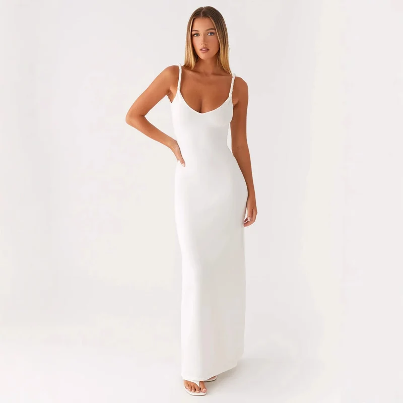 Damen Elegantes Maxirockkleid mit tiefem V-Ausschnitt und feinen Trägern