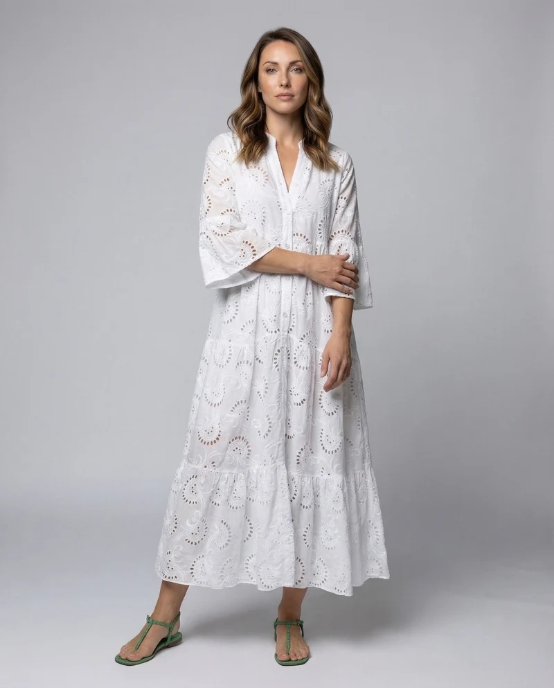 Damen Maxikleid Ajourstickerei Glockenärmel