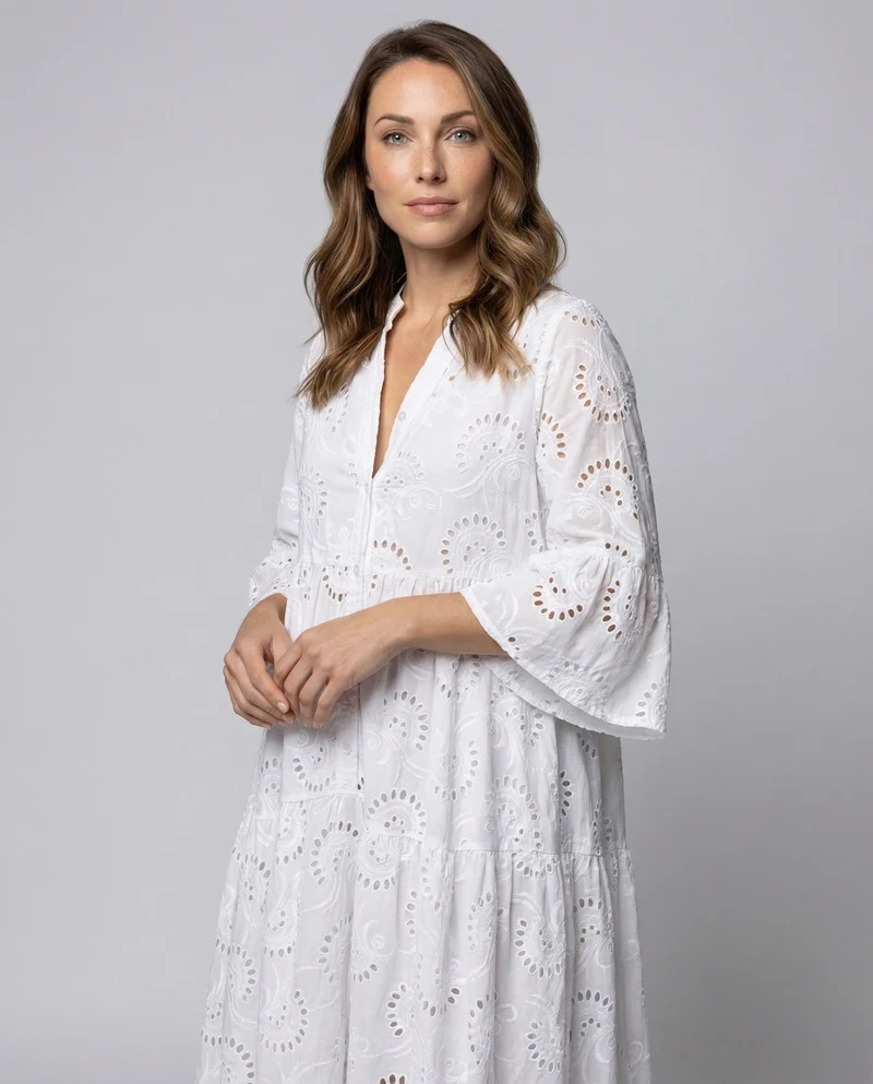 Damen Maxikleid Ajourstickerei Glockenärmel