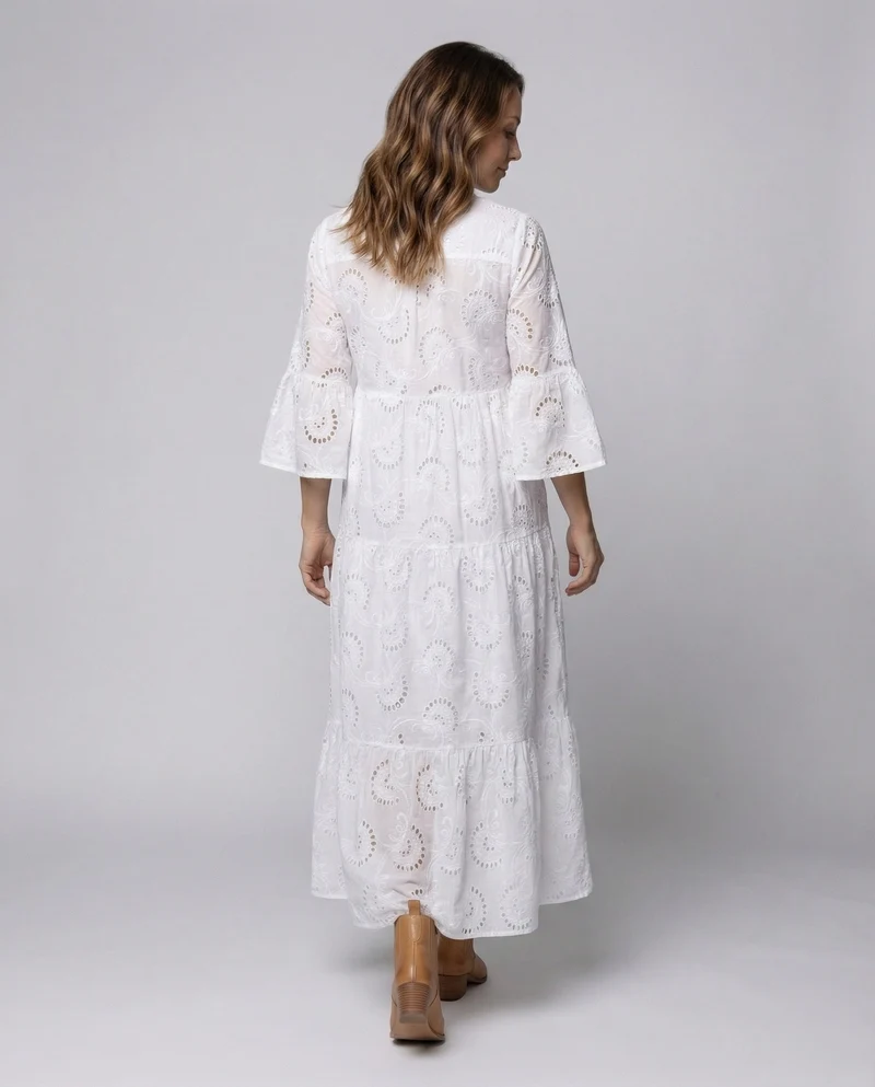 Damen Maxikleid Ajourstickerei Glockenärmel