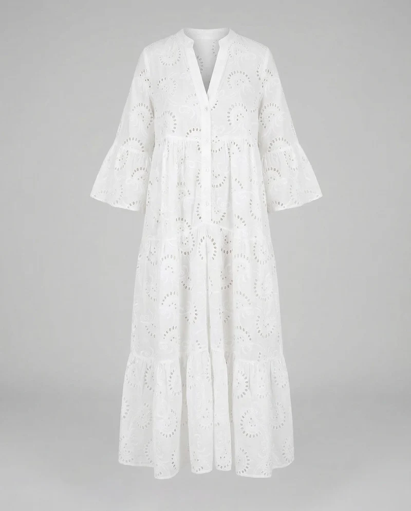 Damen Maxikleid Ajourstickerei Glockenärmel