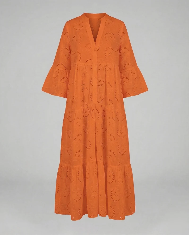 Damen Maxikleid Ajourstickerei Glockenärmel