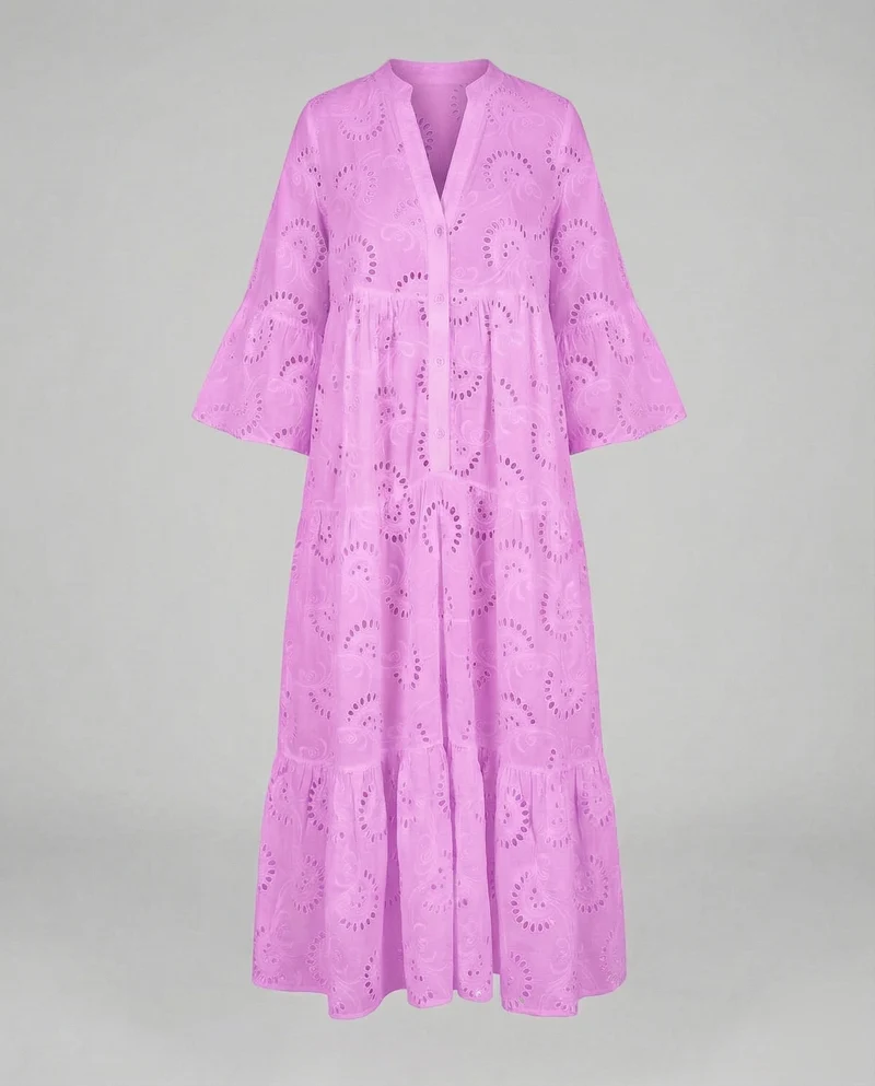 Damen Maxikleid Ajourstickerei Glockenärmel