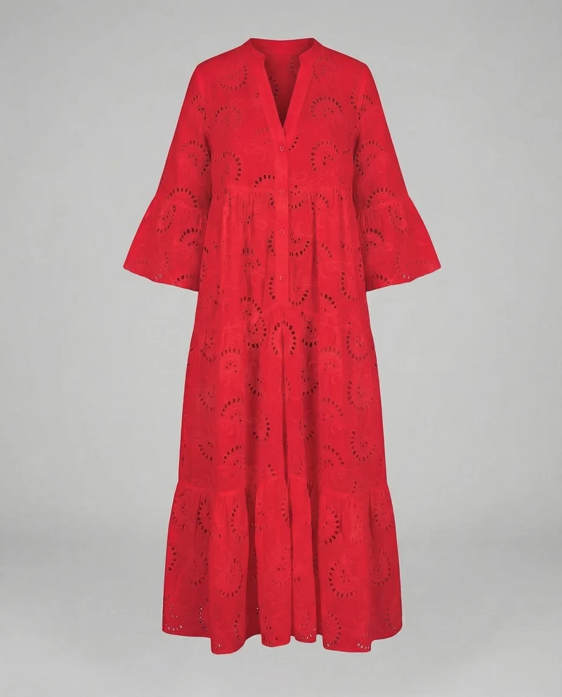 Damen Maxikleid Ajourstickerei Glockenärmel