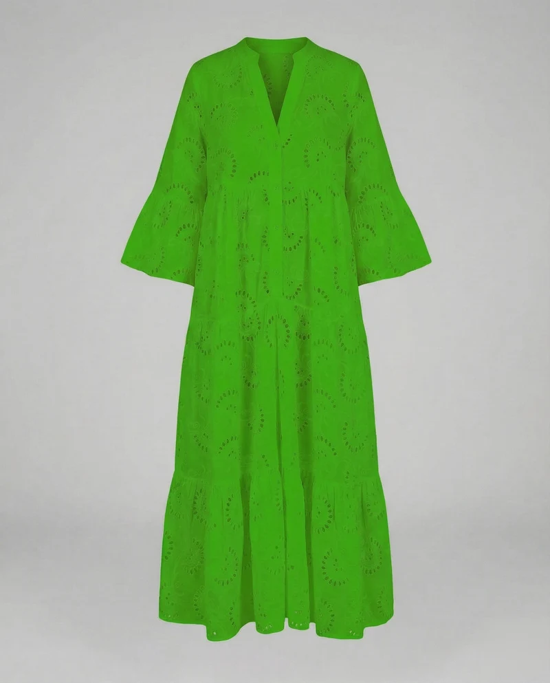 Damen Maxikleid Ajourstickerei Glockenärmel
