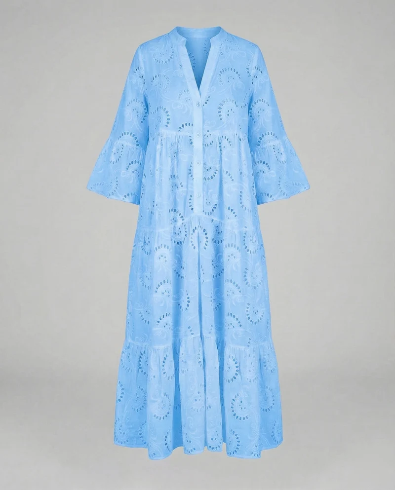 Damen Maxikleid Ajourstickerei Glockenärmel