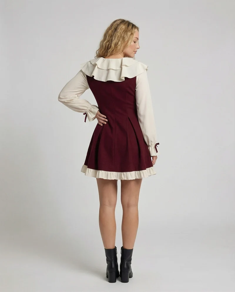 Damen Romantische Volantkragen MischgewNord Taschene Kurzkleid