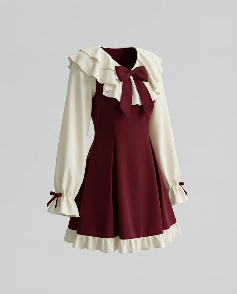 Damen Romantische Volantkragen MischgewNord Taschene Kurzkleid