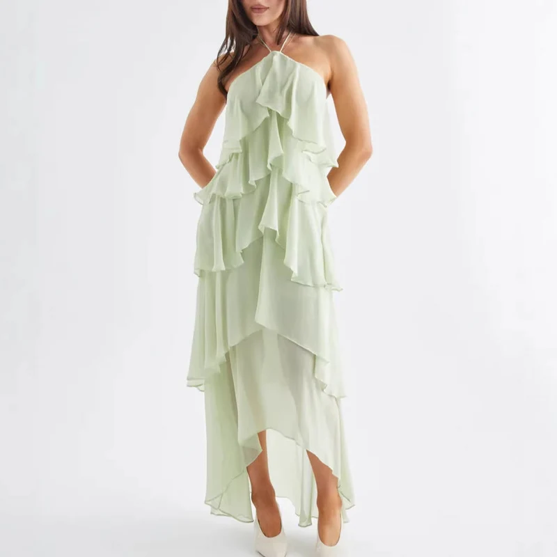Damen Luftiges Chiffon-Maxikleid mit Rüschendetails und elegantem Halterneck
