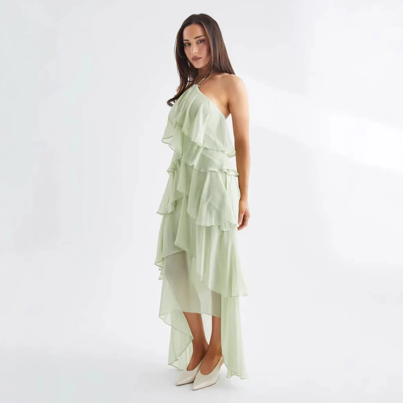 Damen Luftiges Chiffon-Maxikleid mit Rüschendetails und elegantem Halterneck