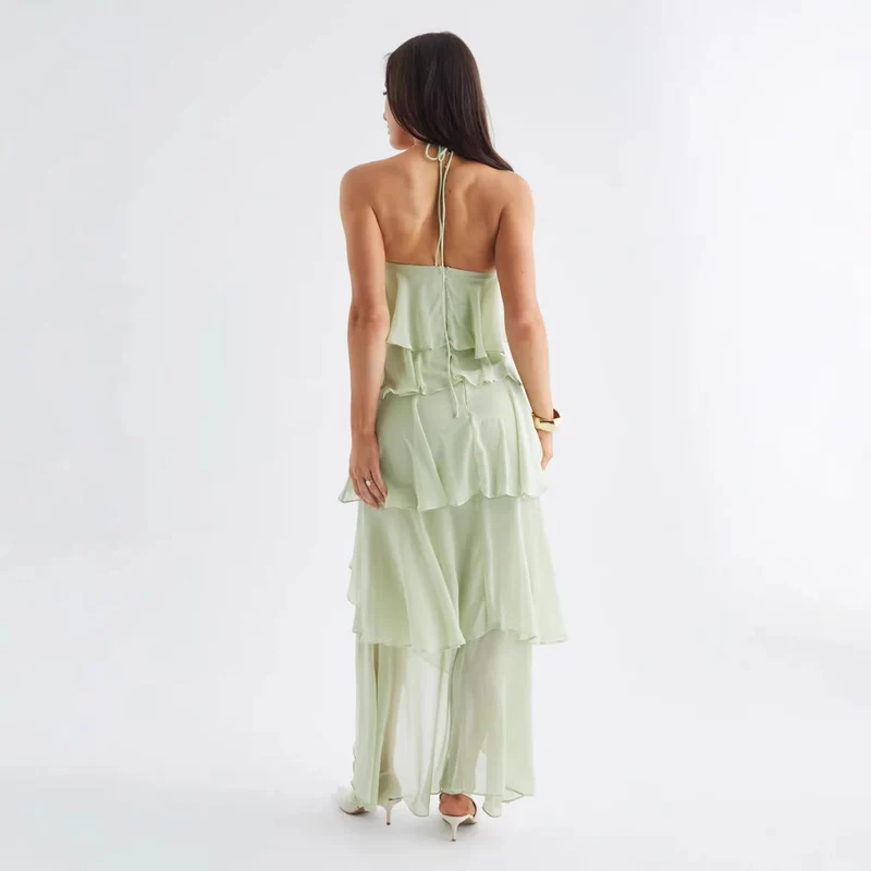 Damen Luftiges Chiffon-Maxikleid mit Rüschendetails und elegantem Halterneck