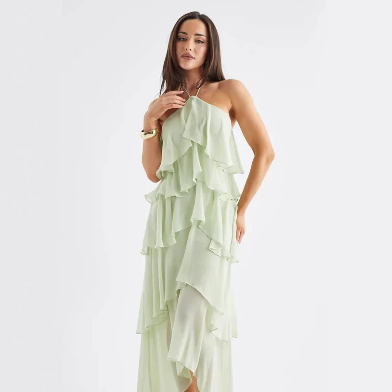 Damen Luftiges Chiffon-Maxikleid mit Rüschendetails und elegantem Halterneck