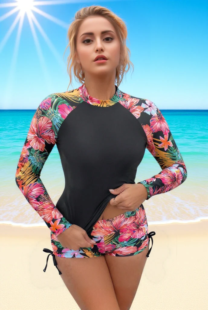Damen Surfbekleidungsset mit langem Arm und floralem Design