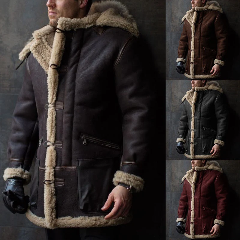 Herren Lammfell-Mantel mit Kapuze und praktischen Taschen