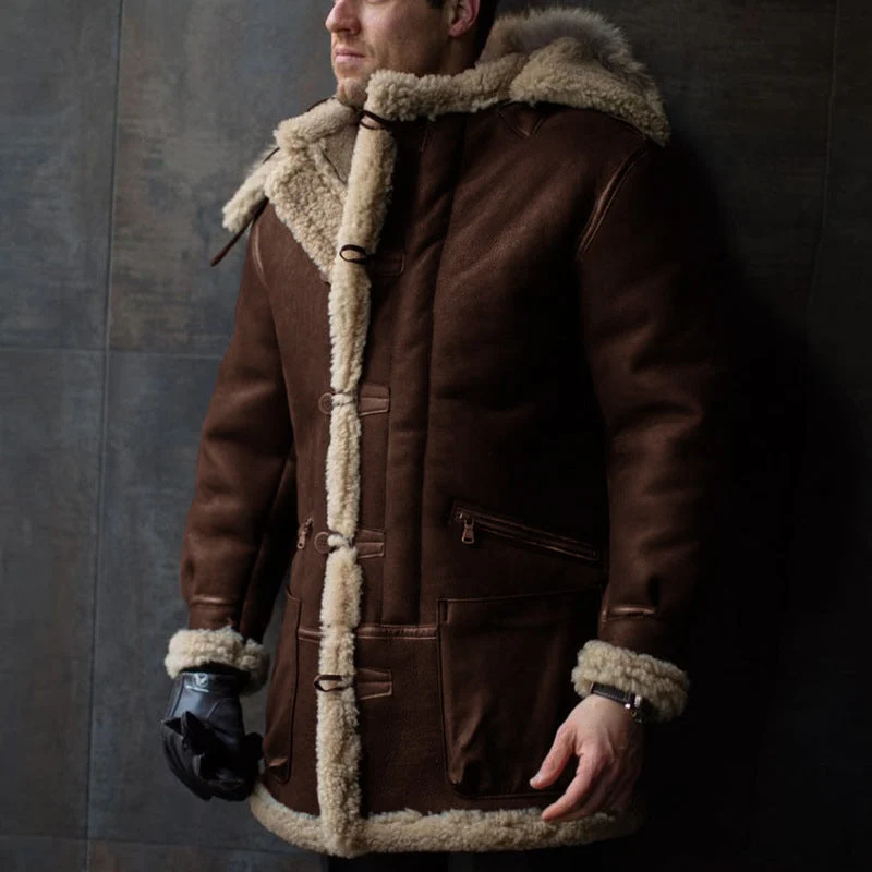 Herren Lammfell-Mantel mit Kapuze und praktischen Taschen