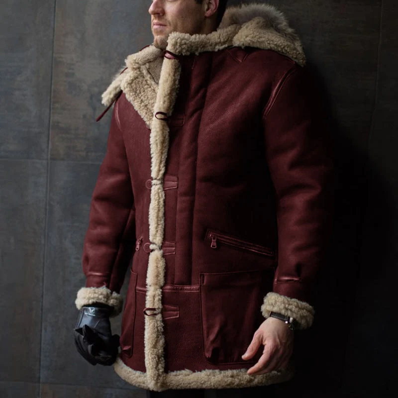 Herren Lammfell-Mantel mit Kapuze und praktischen Taschen