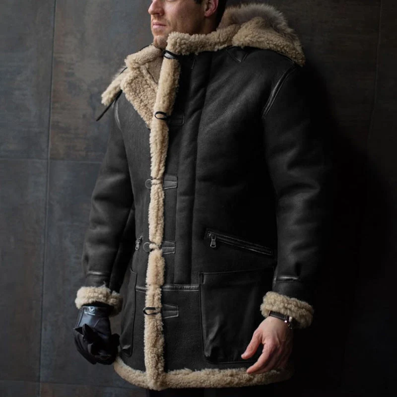 Herren Lammfell-Mantel mit Kapuze und praktischen Taschen
