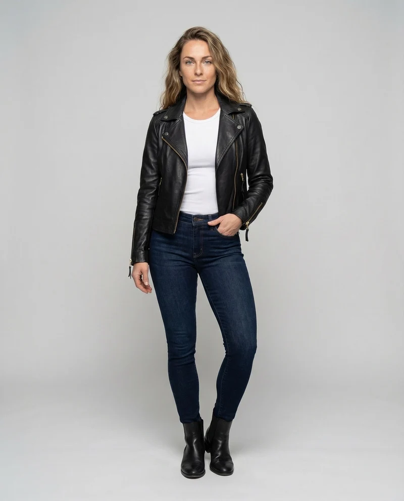 Damen Bikerjacke Lederoptik Zip-Taschen