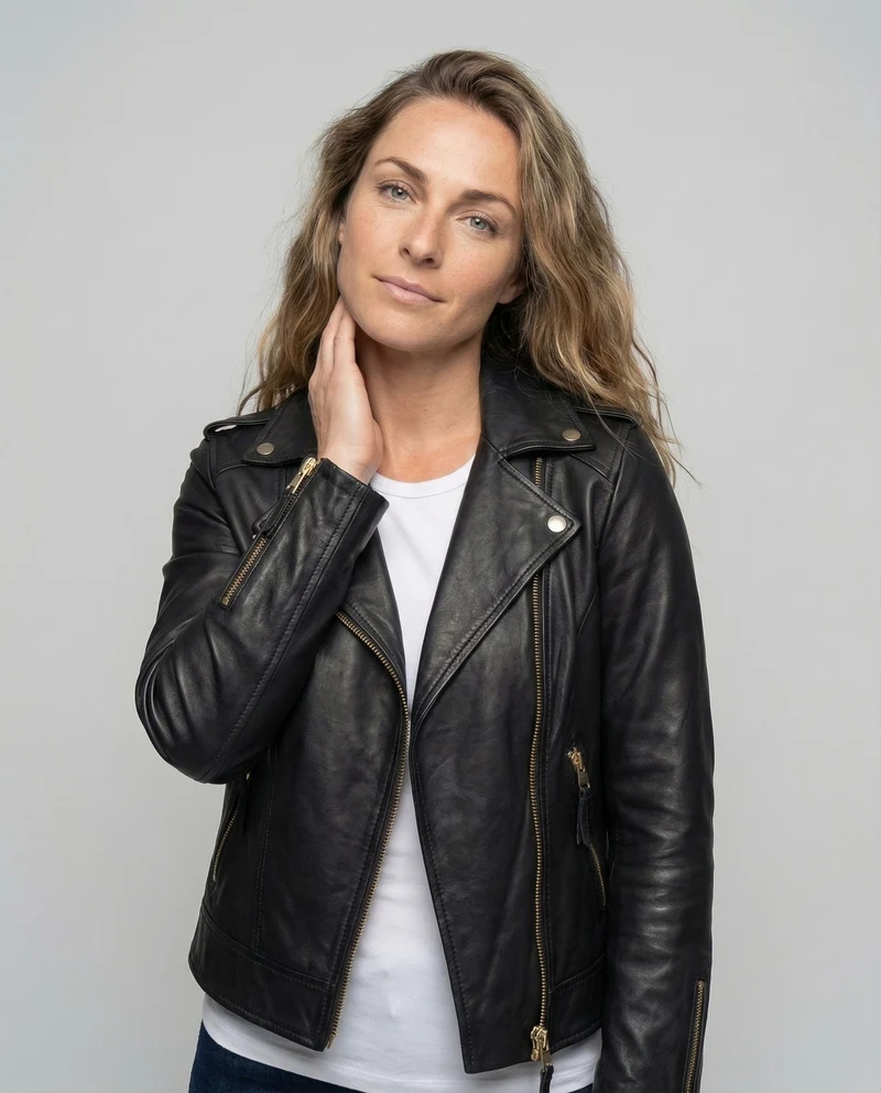 Damen Bikerjacke Lederoptik Zip-Taschen