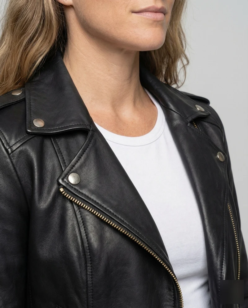 Damen Bikerjacke Lederoptik Zip-Taschen