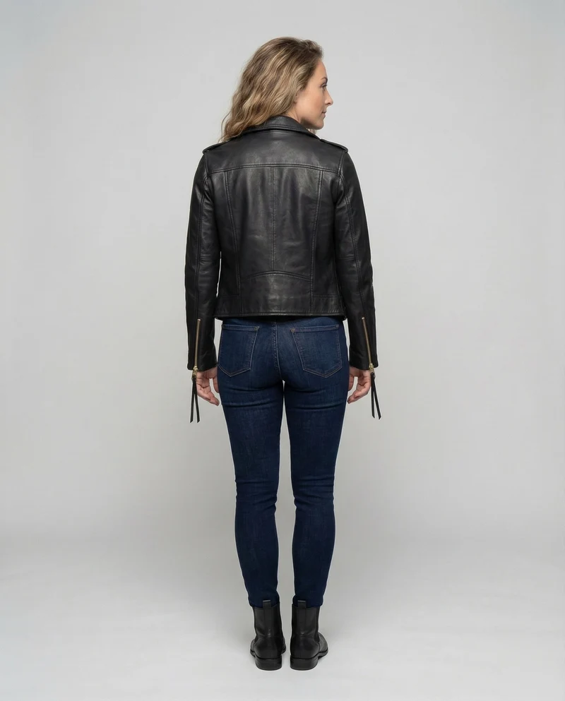 Damen Bikerjacke Lederoptik Zip-Taschen
