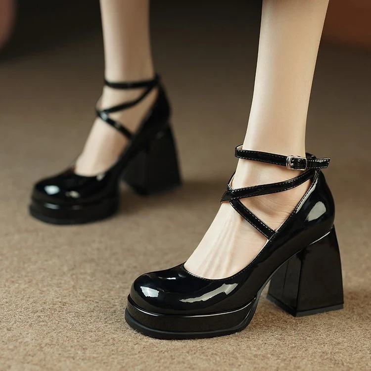 Damen elegante Hochglanz-Pumps mit verstellbarem Riemen und stabiler Sohle