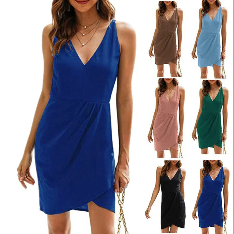 Damen Kurzes Wickelkleid mit V-Ausschnitt und asymmetrischem Saum