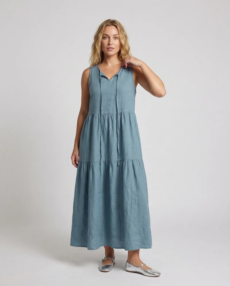 Damen Leinenoptik Stufenkleid mit V-Ausschnitt