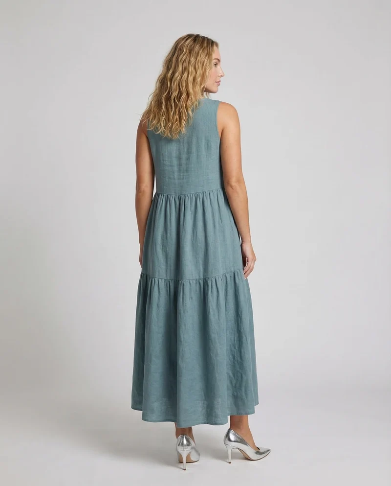Damen Leinenoptik Stufenkleid mit V-Ausschnitt