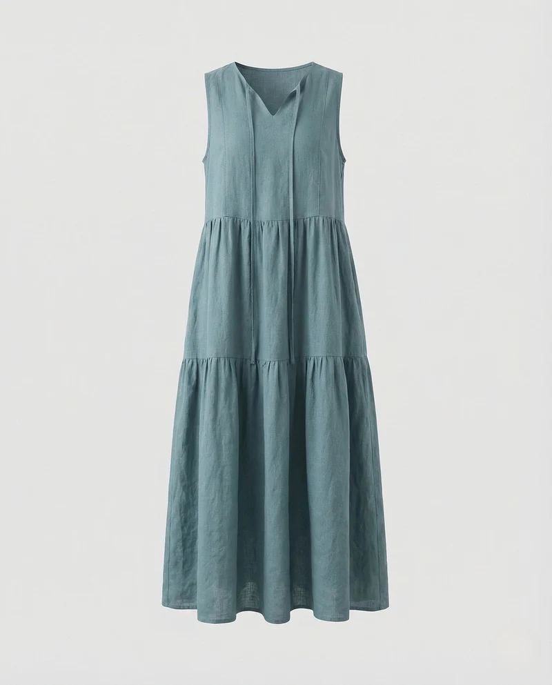 Damen Leinenoptik Stufenkleid mit V-Ausschnitt
