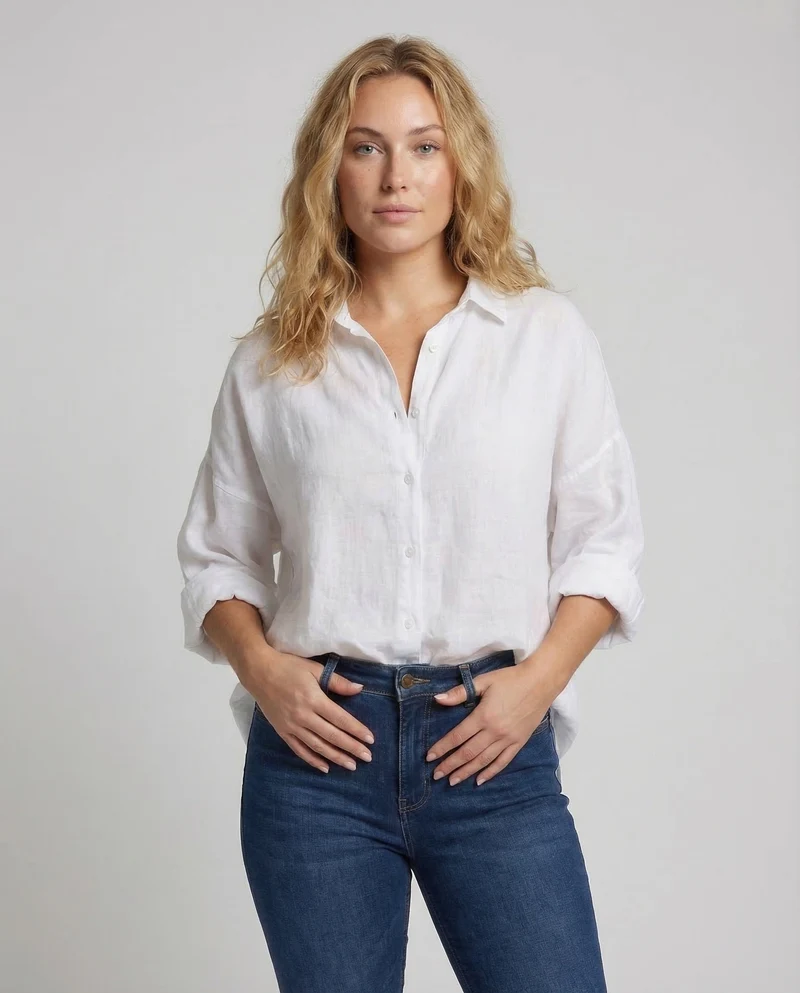 Damen Kaftan-Leinenbluse Krempelärmel