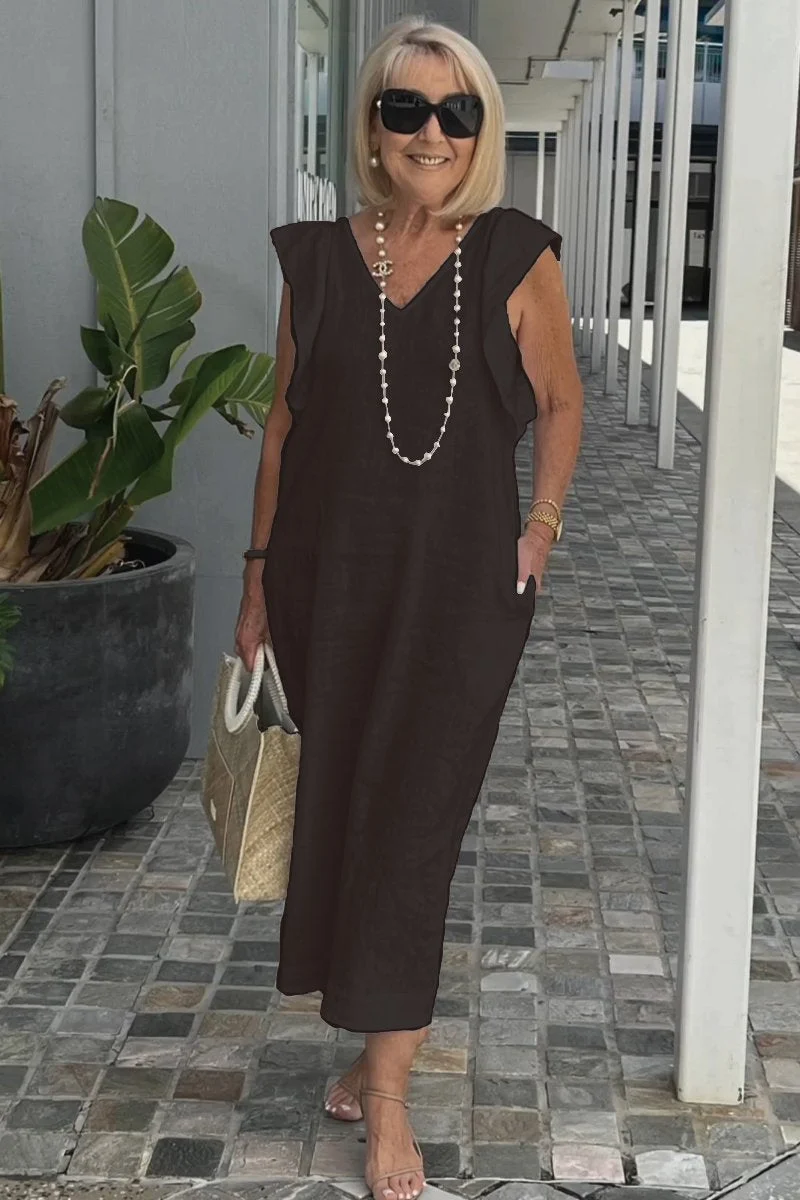 Damen Maxikleid mit V-Ausschnitt und angeschnittenem Ärmel