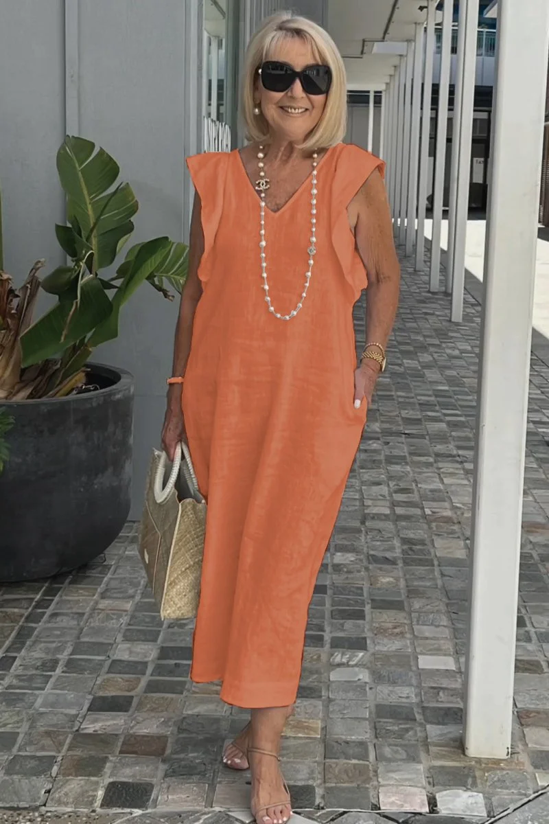 Damen Maxikleid mit V-Ausschnitt und angeschnittenem Ärmel